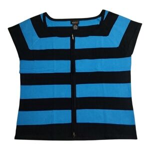 Evie Blue Black Square Neck Full Zip Short Sleeve Knit Top Large Silk Blend